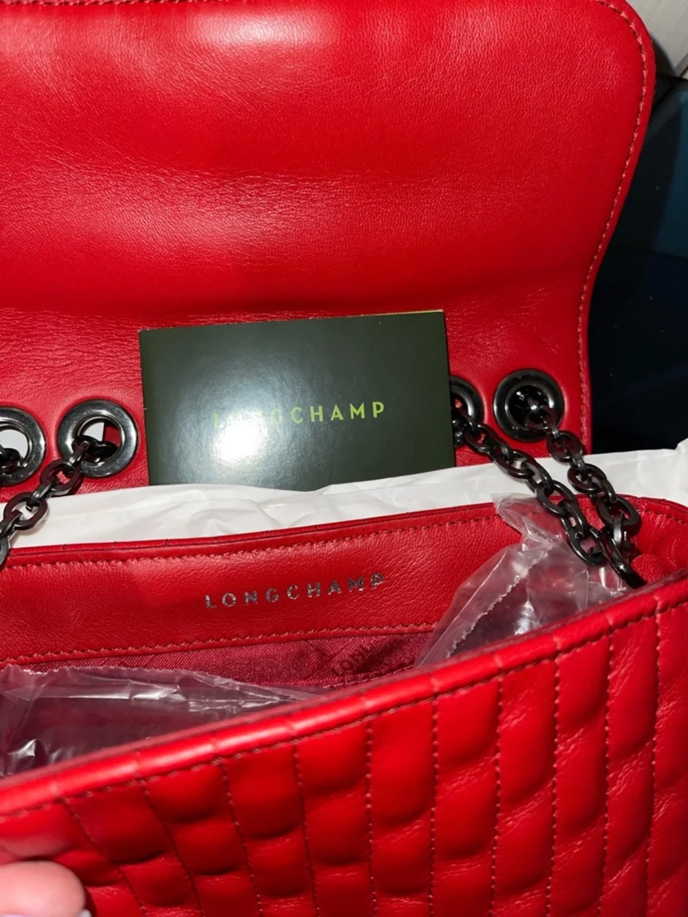 Longchamp Amazone Leather Quilted Chain Strap Shoulder Crossbody Bag in Red NWT - Picture 5 of 7